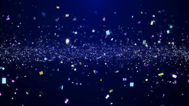 Confetti falls in a vibrant display against a dark blue background.