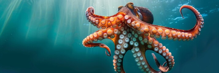 Octopus swimming in clear blue water during a sunny day in the ocean. Place for text