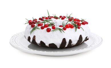 Tasty Christmas cake with cranberries and rosemary isolated on white