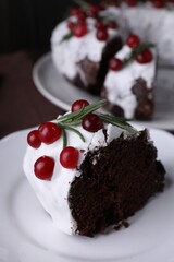 Tasty Christmas cake with cranberries and rosemary on table, closeup