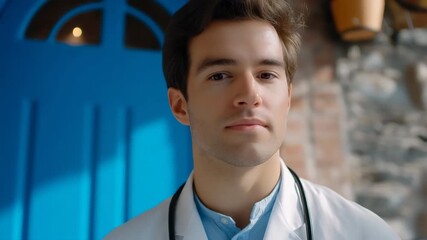 Caucasian young male doctor with stethoscope standing outside blue door