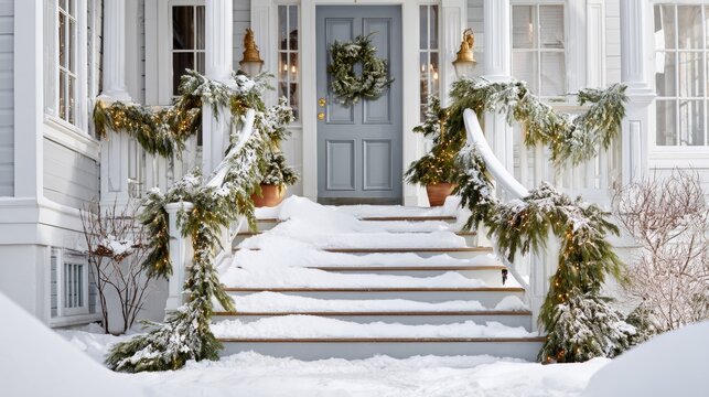 Front stoop adorned with pine garlands, fairy lights, and a frosted wreath in a snowy setting