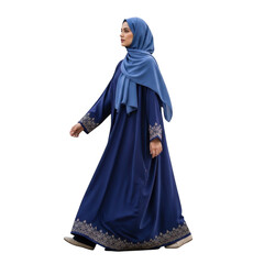 Woman in blue hijab and abaya walking isolated on transparent background