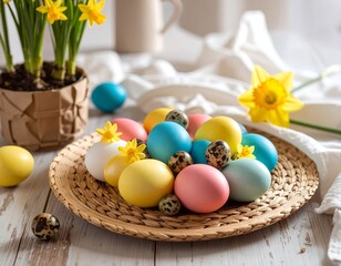 Colorful Easter eggs and flowers