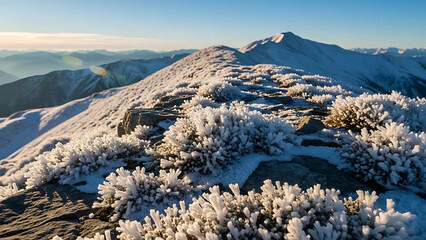Frosted alpine vegetation on rocky mountain ridge at sunrise with distant snow capped peaks image