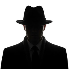 Silhouette of a man in a fedora and suit isolated on transparent background