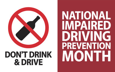 National Impaired Driving Prevention Month vector graphic banner saying Don't Drink & Drive with prohibited alcohol bottle sign and red background