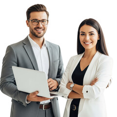 Smiling business professionals with laptop isolated on transparent background