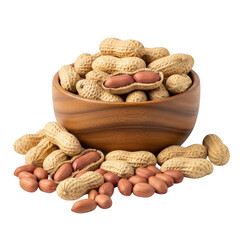 Wooden bowl filled with peanuts and spilled peanuts isolated on transparent background
