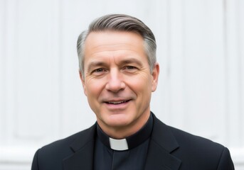 Smiling Priest in Black Clerical Suit With White Collar Portrait