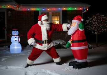 Santa Confronts Inflatable Santa in Festive Snowy Front Yard With Christmas Lights