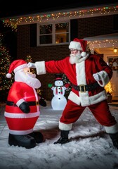 Santa Confronts Inflatable Santa in Festive Snowy Front Yard With Christmas Lights