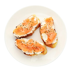 Tasty bruschettas with salmon, cream cheese and microgreens isolated on white, top view
