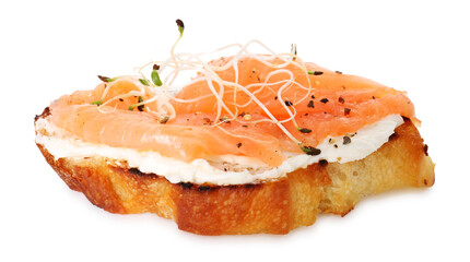 Tasty bruschetta with salmon, cream cheese and microgreens isolated on white