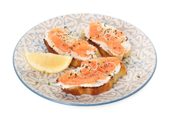 Tasty bruschettas with salmon, cream cheese and microgreens isolated on white