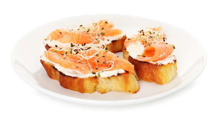 Tasty bruschettas with salmon, cream cheese and microgreens isolated on white