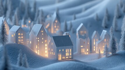 Winter village with snowy houses