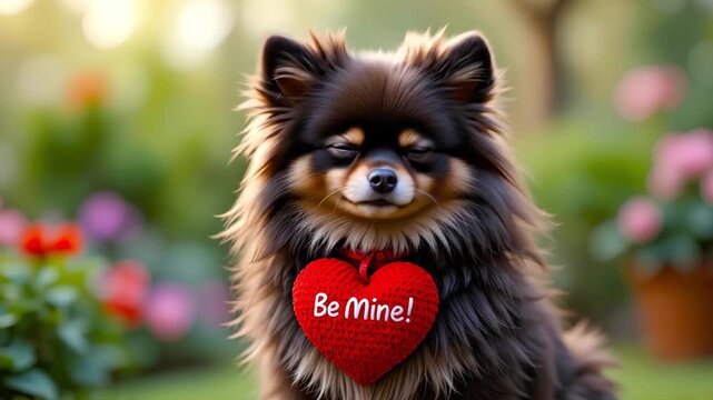 A black Pomeranian dog is wearing a red heart pillow on neck written "Be Mine!" representing Valentine's Day