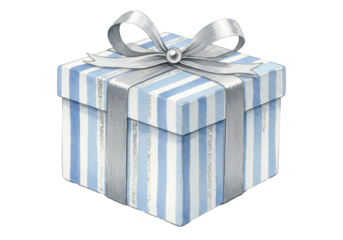 Square gift box with light blue, silver, white striped paper, silver satin bow, and bead, isolated on a transparent background with soft bright light. Elegant festive gifting illustration