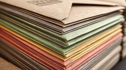 Medium shot showing a stack of mailers made from sustainable materials emphasizing environmentally responsible mail solutions