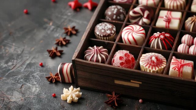 Assorted gourmet chocolates and candies in wooden box on rustic surface
