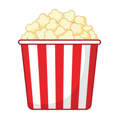Classic red and white striped bucket full of fresh popcorn, cinema snack vector illustration isolated.