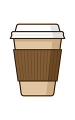 Disposable paper coffee cup with brown cardboard sleeve and white plastic lid vector illustration isolated.