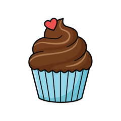 Chocolate cupcake with swirl frosting and red heart topper in blue striped wrapper vector illustration.