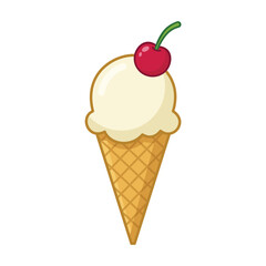 Vanilla ice cream scoop in waffle cone with red cherry on top, sweet dessert vector illustration isolated.