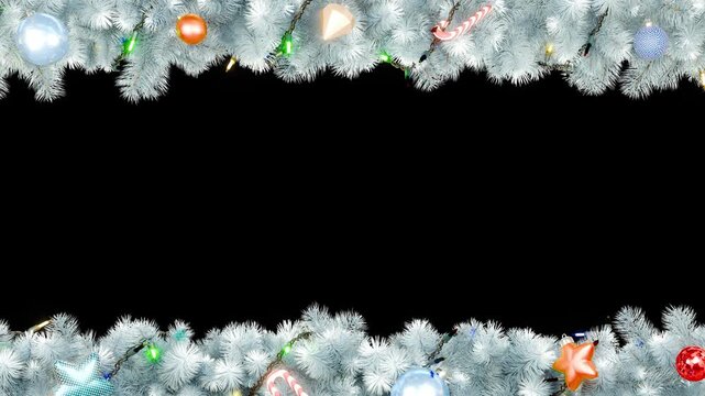 Christmas frame or new year frame with white fir or pine leaves and light bulbs blinking, christmas balls, stars. Alpha map for compositing. 4K loop animation
