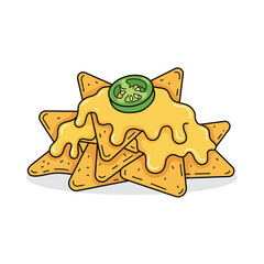 Crispy nachos chips with melted cheese sauce and green jalapeno slice, Mexican food vector illustration isolated.