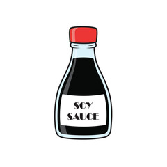 Glass bottle of dark soy sauce with red cap and label, Asian food condiment vector illustration.