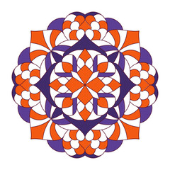 Vibrant mandala design in red, blue, and white colors, symmetrical geometric pattern for coloring or decoration