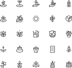 Nature and gardening outline icon set with floral elements, sustainability symbols, earth, tools, watering can, gloves, and sun vector collection,
