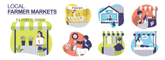 Local farmer markets concept set for web design. Collection with people work in flower shop, bakery kiosk, selling fresh vegetables, goat milk, wine, spicy and fabric textile. Vector illustration.