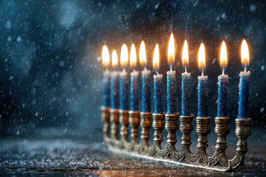 Jewish Family Celebration with Lit Menorah Candles