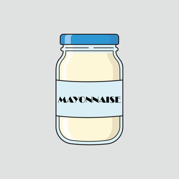 Glass jar of mayonnaise with blue lid and label, creamy white sauce vector illustration isolated.