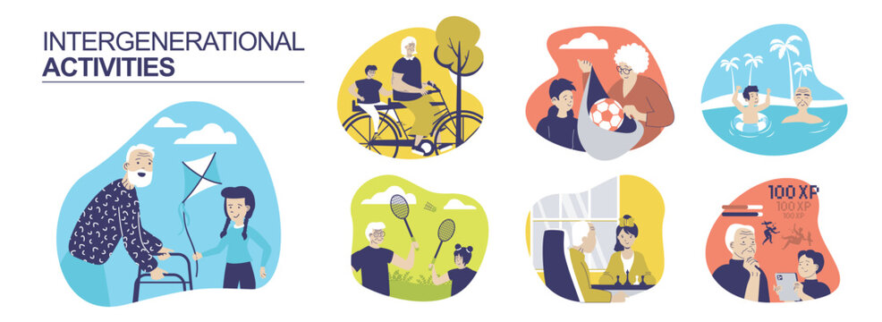 Intergenerational activities concept set for web design. Collection with people pastime together, grandparents playing tennis or football, cycling and swimming with children. Vector illustration.