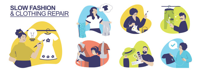 Fototapeta premium Slow fashion and Clothing repair concept set for web design. Collection with people choosing eco friendly clothes, upcycling fabric and sewing apparels, reusing and recycling. Vector illustration.
