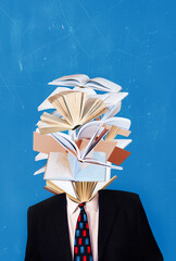 Business concept - art collage or design of a man in a tweed suit with a stack of books as a head, symbolizing knowledge, strategy and professional education.