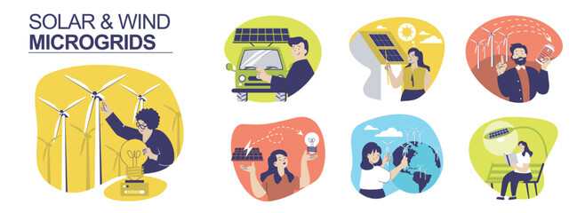 Solar and wind microgrids concept set for web design. Collection with people using wind turbines and solar panels at house rooftop or car, renewable power generation home system. Vector illustration.