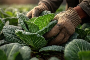 Close-Up of Hands Shaping Cabbage Leaves with Dew in Soft Morning Light
