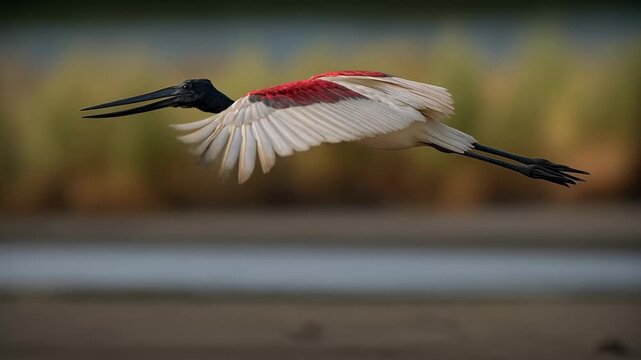 Majestic Jabiru Stork in Flight, Majestic Jabiru stork soaring gracefully in flight with outstretched wings against a clear sky