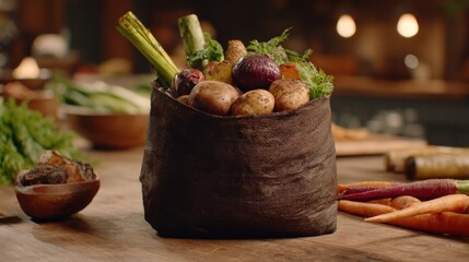 Medium shot capturing a compostable waste bag filled with organic scraps ready for recycling emphasizing sustainable waste management.