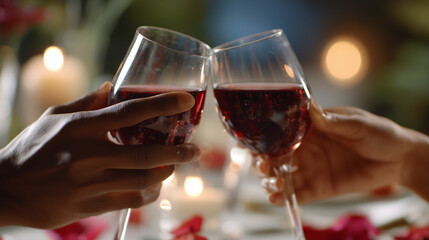 Celebrating a romantic moment with couple while toasting with red wine during a candlelit dinner in a cozy setting