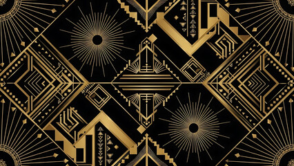 Gold and black geometric Art Deco pattern. Abstract 1920s Gatsby New Year seamless repeat for luxury party design, commercial fabric, vector.