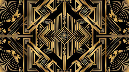 Abstract Art Deco New Year geometric pattern in gold and black. Gatsby 1920s luxury party seamless tile, vector for fabric print and design.