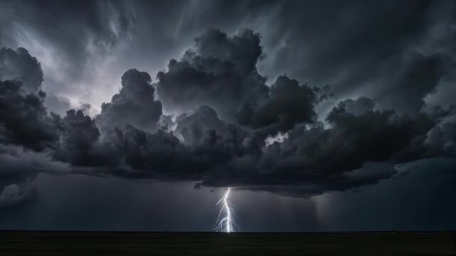 A dramatic scene of a lightning strike illuminating dark, ominous storm clouds over a field