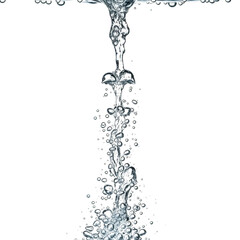 Dynamic water jet erupting upward with bubbles and splashes detailed liquid motion transparent background