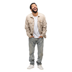 Fototapeta premium Man Smiling While Standing With Hands in Pockets in Casual Outfit During Daylight Indoors